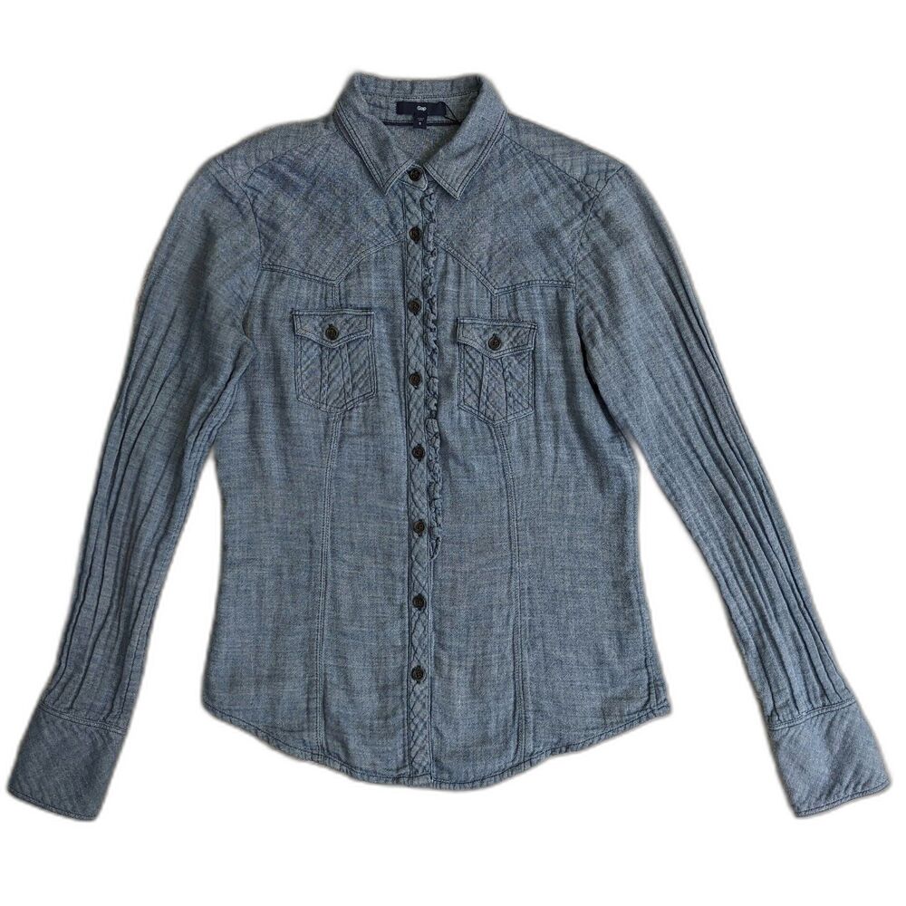 Gap Western Rockabilly Quilted Detail Button Front Long Sleeve Cotton Shirt Sz S